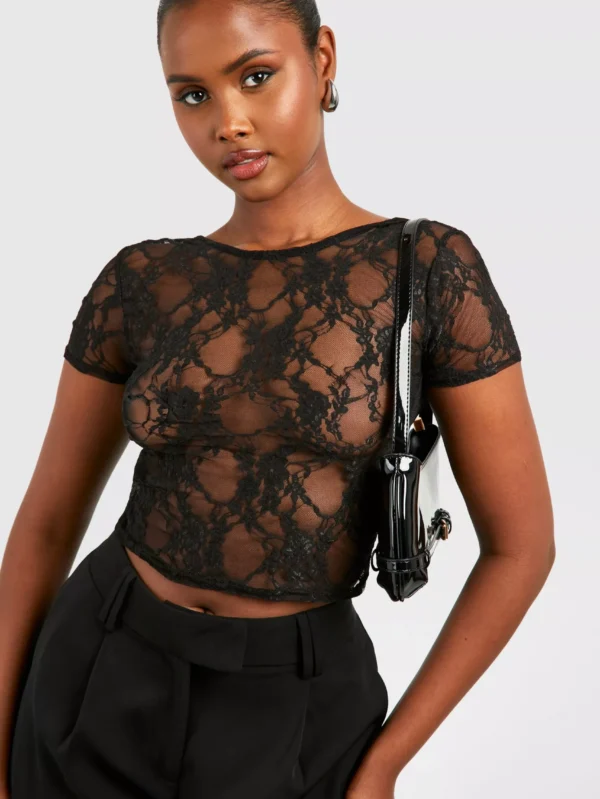 Crop top dos nu en mesh et dentelle